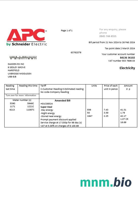 Wielka Brytania APC electricity rachunek za usługi komunalne szablon w formacie Word i PDF